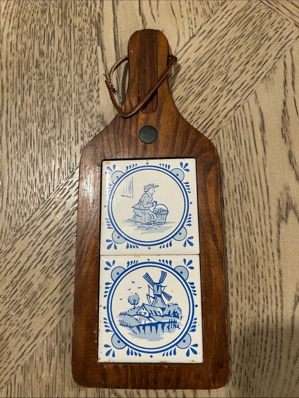 Vintage Wooden trivet with Delft style ceramic tiles